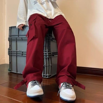 Férfi nyári munkásnadrág borvörös színben, hiphop stílusban, laza, egyenes szabású, széles szárú