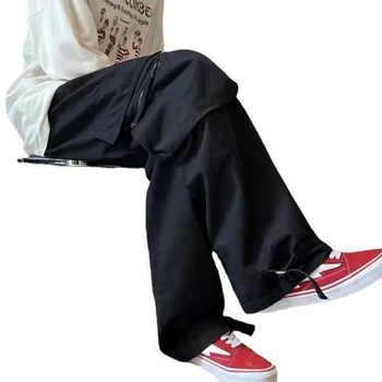 Férfi nyári munkásnadrág borvörös színben, hiphop stílusban, laza, egyenes szabású, széles szárú