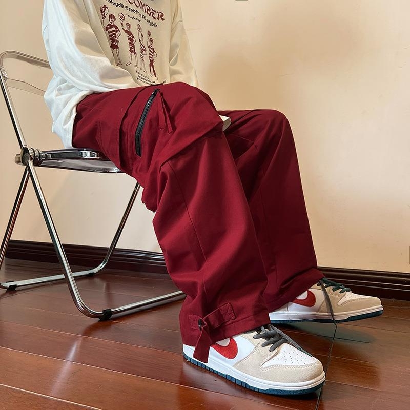 Férfi nyári munkásnadrág borvörös színben, hiphop stílusban, laza, egyenes szabású, széles szárú