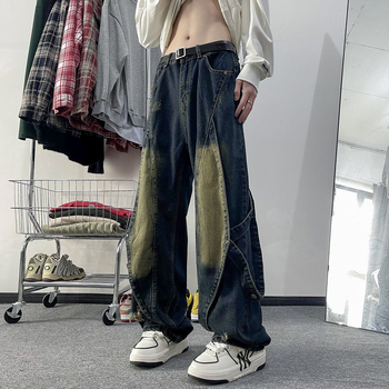 Férfi farmernadrág egyenes fazonú, laza illeszkedés, amerikai retro kopott felülettel, utcai stílus, mind a négy évszakra.