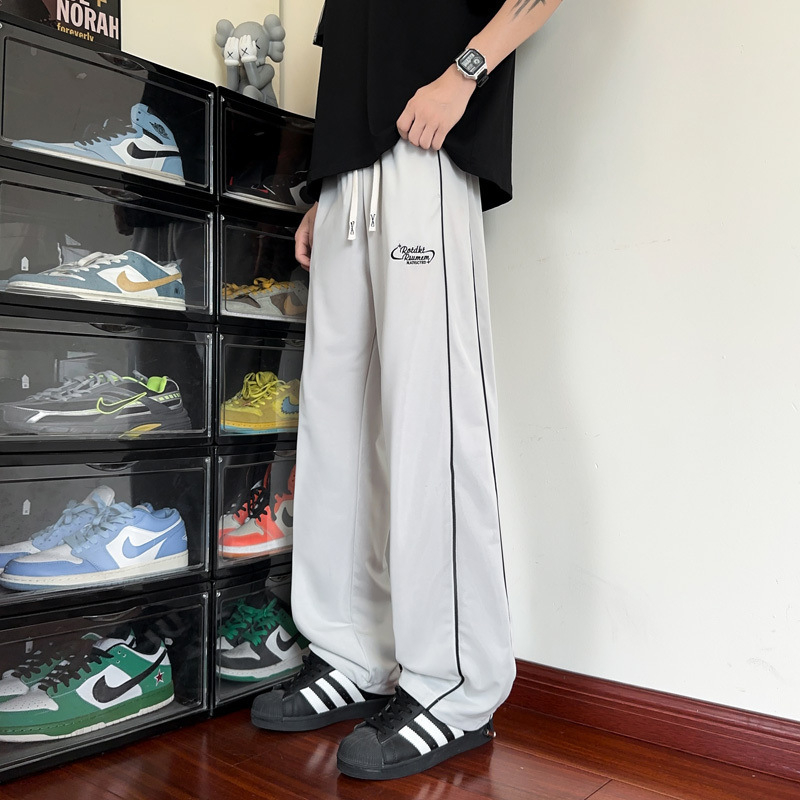 Muške sportske hlače s širokim nogama, Ice-Silk brzo sušeće, tanke ljetne, visokim strukom, s remenom