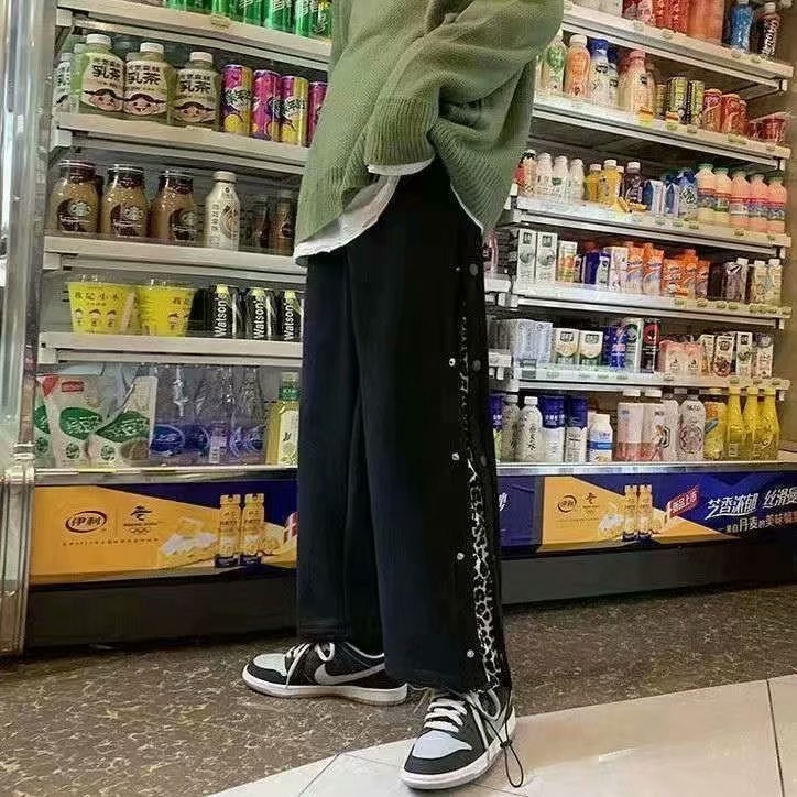 Muške hlače s leopard uzorkom, udoban široki kroj, s gumbima, korejski stil, trendi, ljetni model