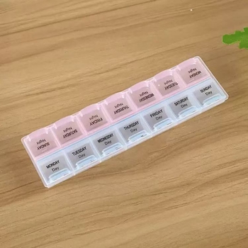 Dvo-redna prenosna kutija za lijekove za tjedan s 14 pretinaca, plastična kutija s otvorenim poklopcem