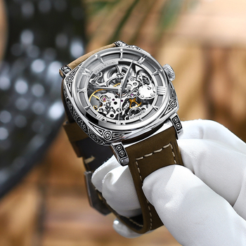 Timweis Pallyjane muški automatski retro skeletirani mehanički sat s graviranim brojčanikom, 42 mm, kožni kaiš