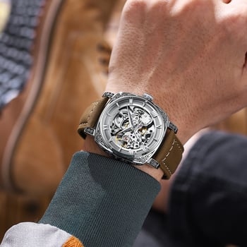 Timweis Pallyjane muški automatski retro skeletirani mehanički sat s graviranim brojčanikom, 42 mm, kožni kaiš