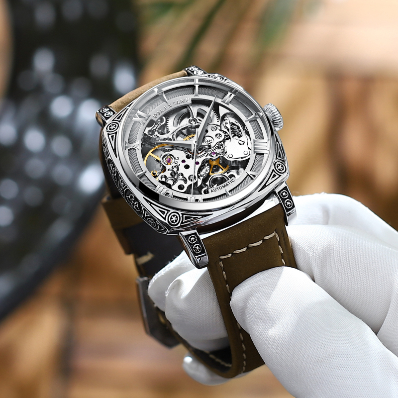 Timweis Pallyjane muški automatski retro skeletirani mehanički sat s graviranim brojčanikom, 42 mm, kožni kaiš