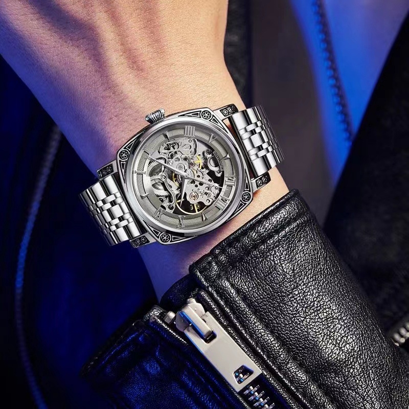 Timweis Pallyjane muški automatski retro skeletirani mehanički sat s graviranim brojčanikom, 42 mm, kožni kaiš
