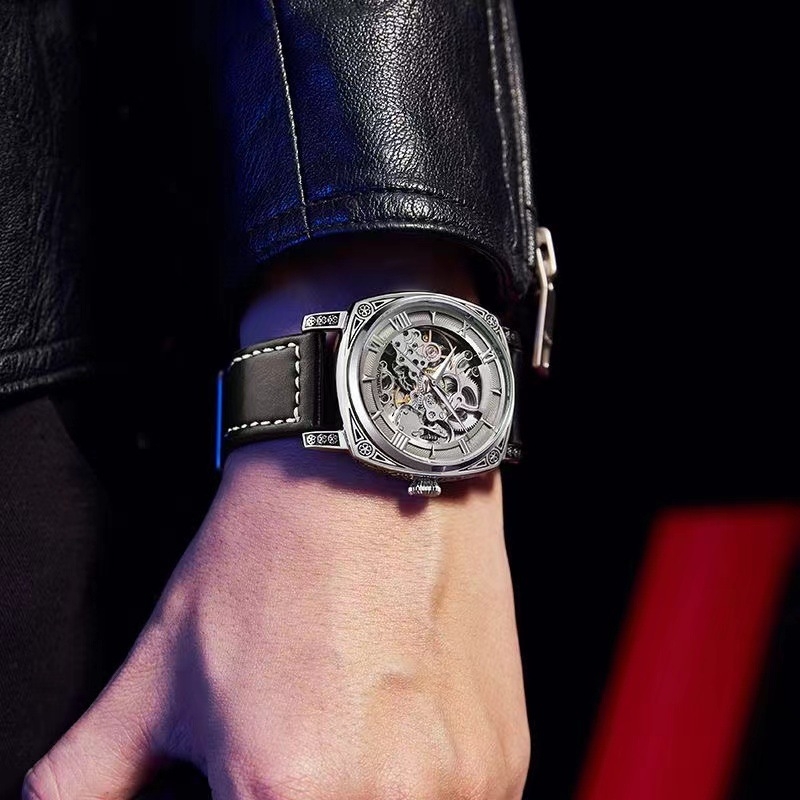 Timweis Pallyjane muški automatski retro skeletirani mehanički sat s graviranim brojčanikom, 42 mm, kožni kaiš
