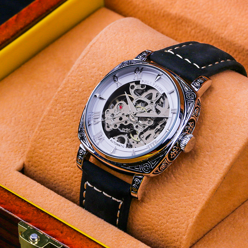 Timweis Pallyjane muški automatski retro skeletirani mehanički sat s graviranim brojčanikom, 42 mm, kožni kaiš