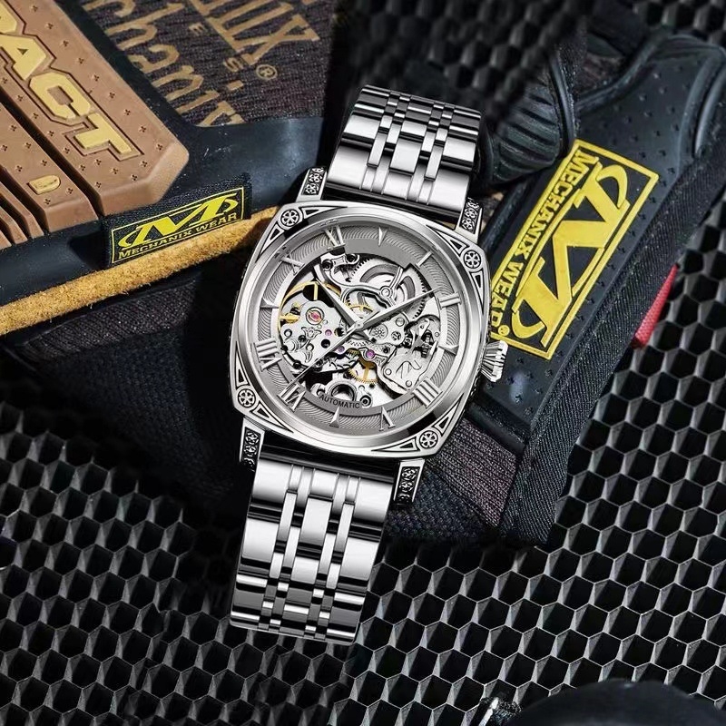 Timweis Pallyjane muški automatski retro skeletirani mehanički sat s graviranim brojčanikom, 42 mm, kožni kaiš