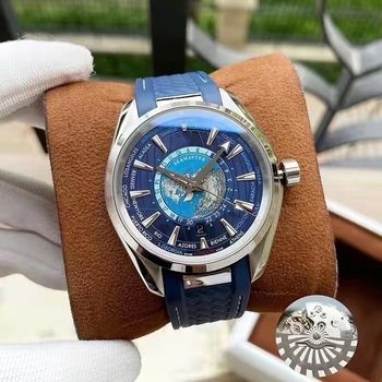 Muški automatski mehanički sat s kalendarom, cifferblat s kartom svijeta i luminescencijom, silikonska narukvica, kućište od nehrđajućeg čelika, 41 mm, vodootpornost 10 m.