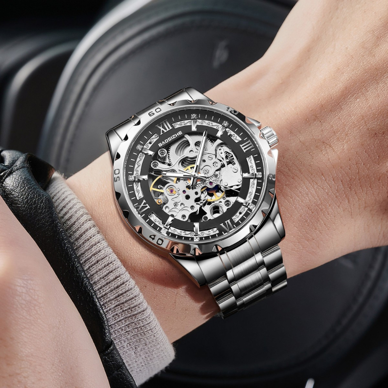 Férfi automata mechanikus Tourbillon karóra, vízálló 30 m, csontváz dizájn, rozsdamentes acél szíj, 42 mm átmérő