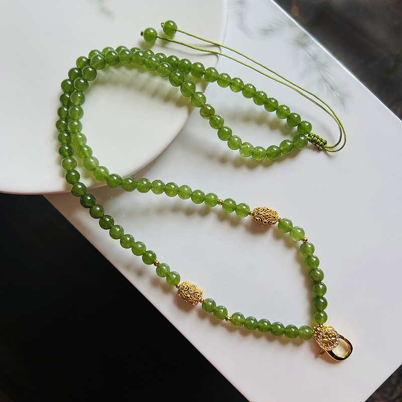 Lančić za tajlandski Buddha amulet, 6 mm prirodni zeleni chalcedon, opruga kopča, Thangka stil