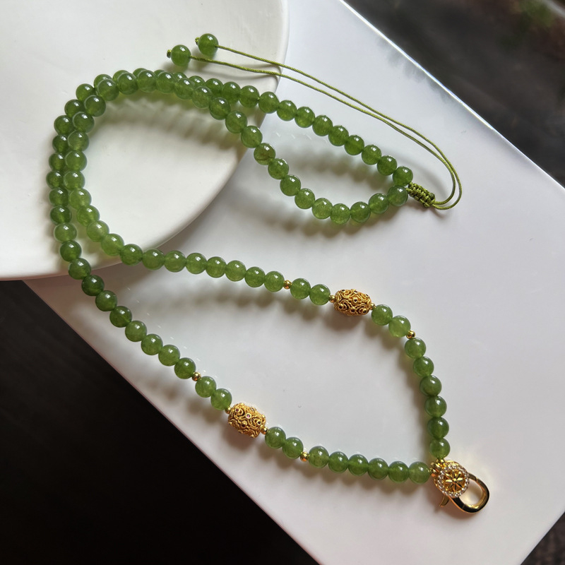 Lančić za tajlandski Buddha amulet, 6 mm prirodni zeleni chalcedon, opruga kopča, Thangka stil