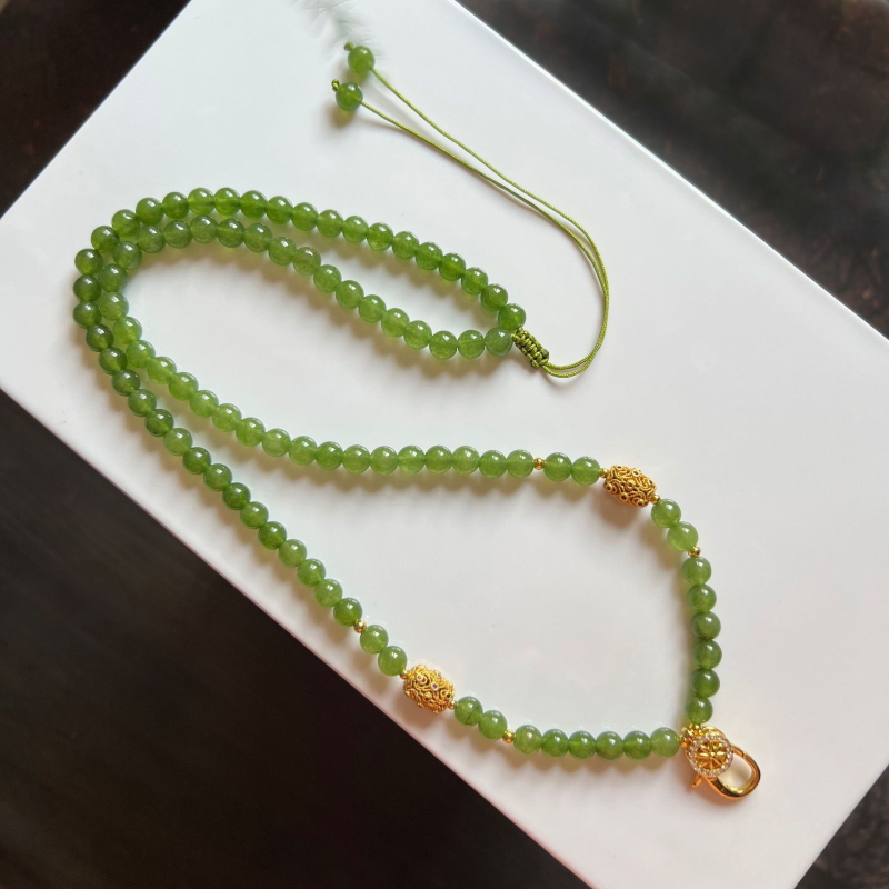 Lančić za tajlandski Buddha amulet, 6 mm prirodni zeleni chalcedon, opruga kopča, Thangka stil