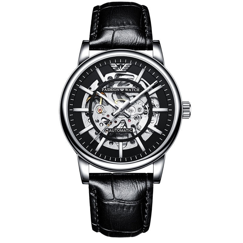 Muški automatski skeleton sat, crno kućište, luminescentan, vodootporan do 30 m, nehrđajući čelik kaiš, promjer 42 mm