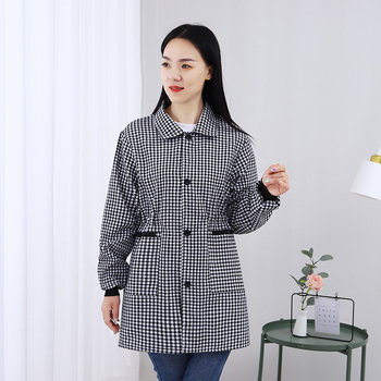 Ženska kuhinjska pregača s rukavima, struk uz vezanje, džep na zip, udobna, 100% pamuk, moderni minimalistički stil, prugasti ili karirani uzorak