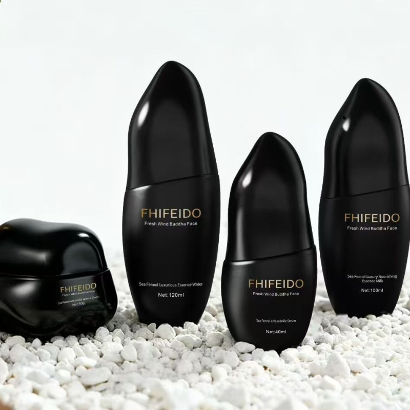 Formátlan alakú üveg bőrápolási készlet – 50 g krém, 100 ml lotion és esszencia, adagoló pumpás üvegek