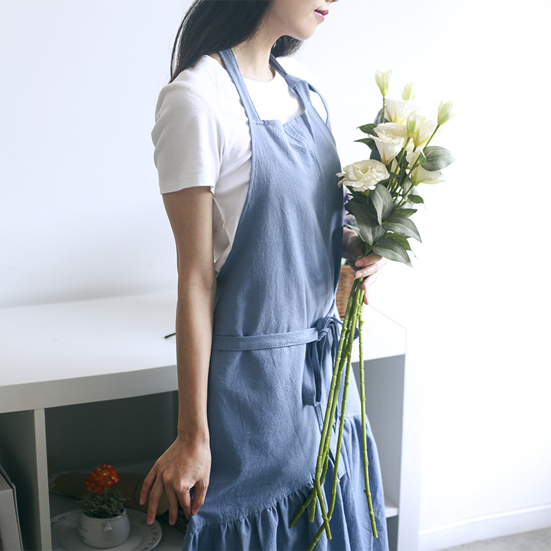Japanski stil pregače od pamuka i lana, produžena, uski kroj, elegantna; za uniforme u cvjećarnama i salonima za manikuru, s tiskom logotipa