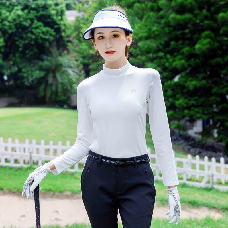 Dámske golfové tričko s dlhým rukávom, vysokým golierom a elastickou spodnou časťou, športový top