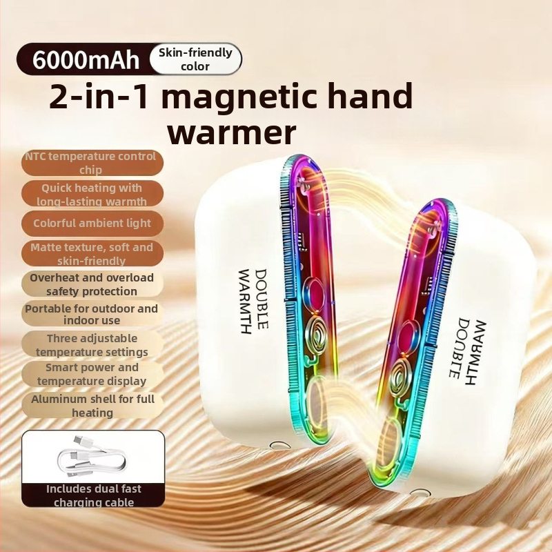 Farebný magnetický ohrievač rúk, nabíjateľný, rozdelený typ 2-in-1, sedemfarebných svetelných režimov, samoohrevný, darček pre dievčatá