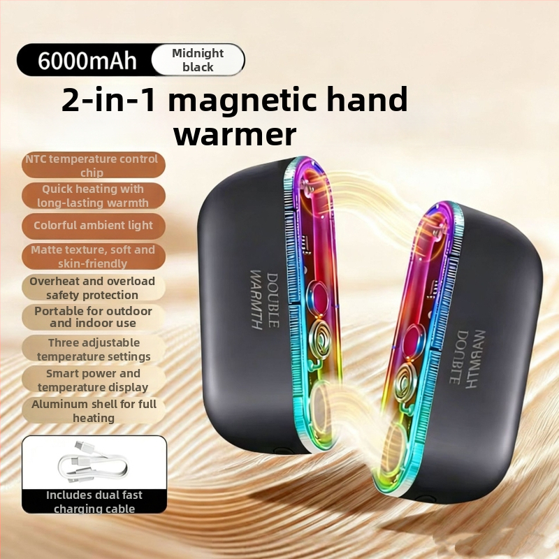 Farebný magnetický ohrievač rúk, nabíjateľný, rozdelený typ 2-in-1, sedemfarebných svetelných režimov, samoohrevný, darček pre dievčatá