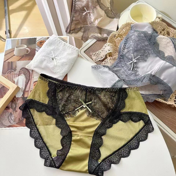 0497 Ženske gaćice s čipkom i mrežastom tkaninom od ice silk, srednji-niski struk