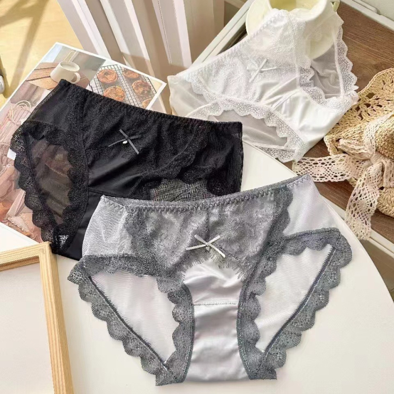 0497 Ženske gaćice s čipkom i mrežastom tkaninom od ice silk, srednji-niski struk