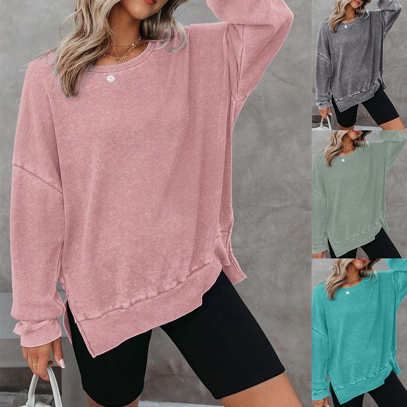2025 Ženski pulover s vafl uzorkom, okrugli izrez, bočni otvor, dugi rukavi, gradski stil