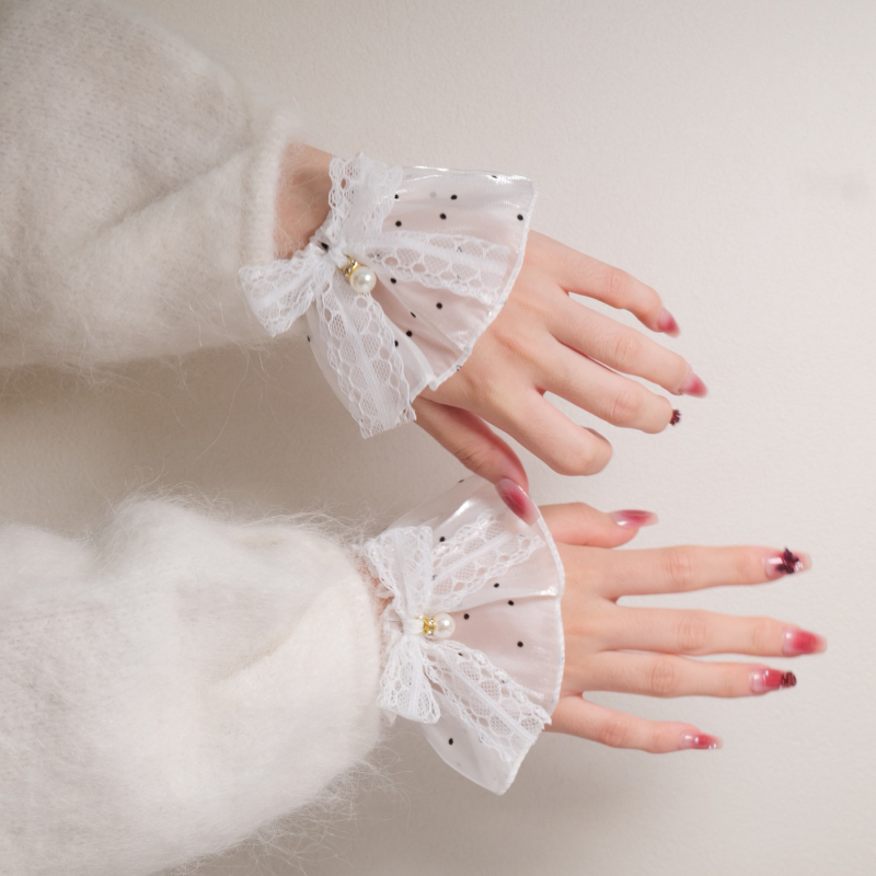 Čipkaste rukavice s perlom i mašnicom, točkaste manšete za Lolita stil – zaštitni pokrov zgloba za manikuru i fotografiju