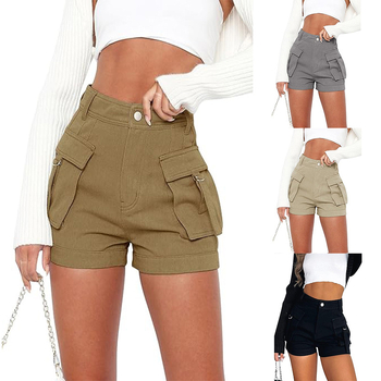 Ljetne ženske traper šorceve visokog struka, elastične, casual/workwear stil, džepovi cargo, uski kroj