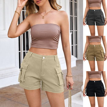 Ljetne ženske traper šorceve visokog struka, elastične, casual/workwear stil, džepovi cargo, uski kroj