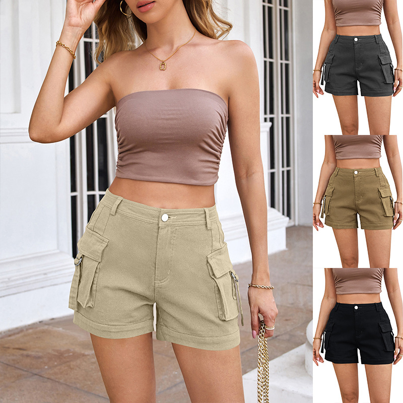 Ljetne ženske traper šorceve visokog struka, elastične, casual/workwear stil, džepovi cargo, uski kroj
