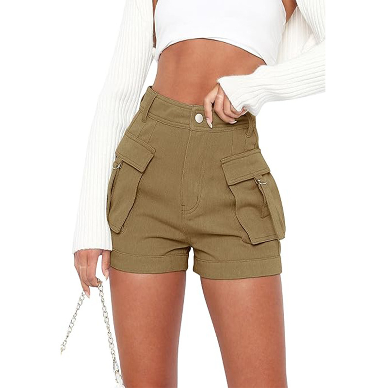 Ljetne ženske traper šorceve visokog struka, elastične, casual/workwear stil, džepovi cargo, uski kroj
