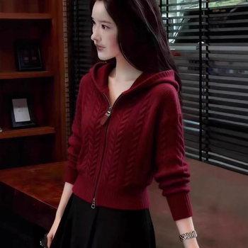 Szürke kábelmintás kötött kapucnis kardigán nőknek, cipzárral, laza szabás, őszi-téli