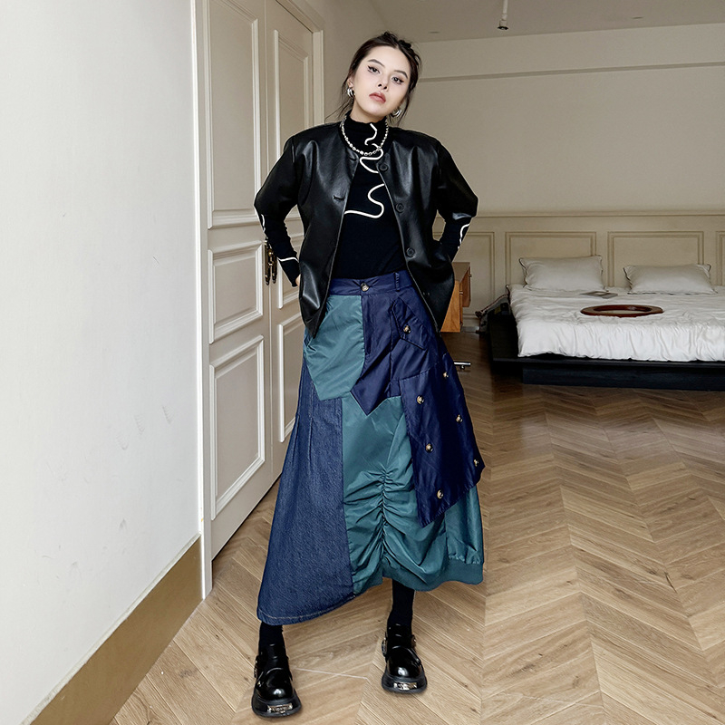 Američka retro patchwork traper suknja s kontrastnim blokovima boja, visokim strukom, A-linija, jesenski stil