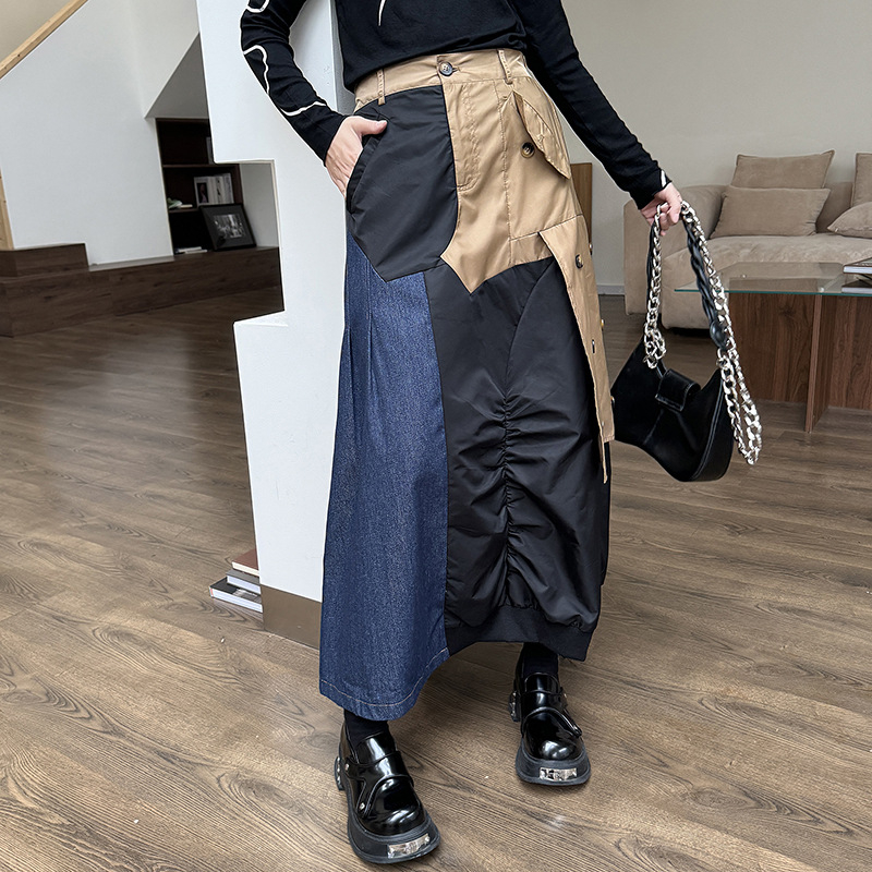Američka retro patchwork traper suknja s kontrastnim blokovima boja, visokim strukom, A-linija, jesenski stil