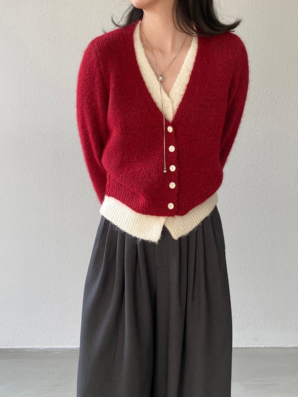 Jiangzuo Francia stílusú V-nyakú kötött pulóver nőknek, hamis két réteg design, puha és elegáns mindennapi hosszú ujjú felső, gyapjúkeverék, egyszínű, 98812