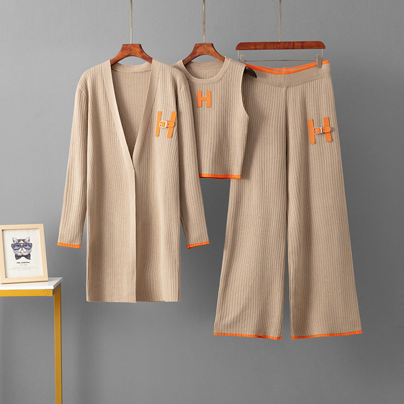 Ženski dvodijelni pleteni set s prugama i visokim ovratnikom, opušten casual stil, dugi rukav, hlače, od viskozne vlaknine