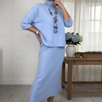 Neovisna marka 2025 jesen-zima jednobojni elegantni pulover s bicokim ovratnikom i midi suknja, dvodijelni set