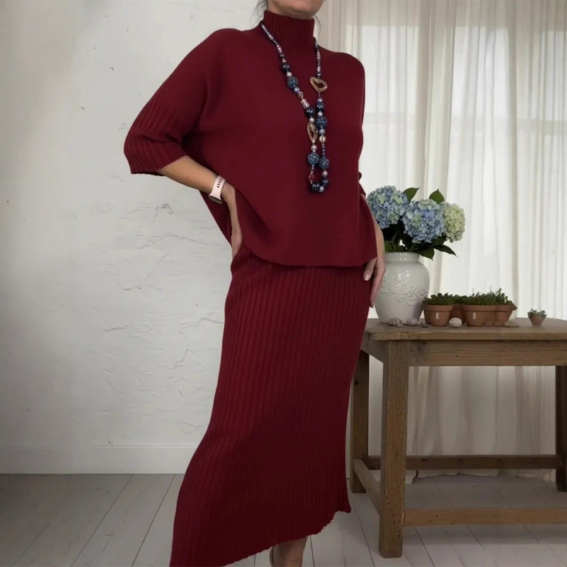 Neovisna marka 2025 jesen-zima jednobojni elegantni pulover s bicokim ovratnikom i midi suknja, dvodijelni set