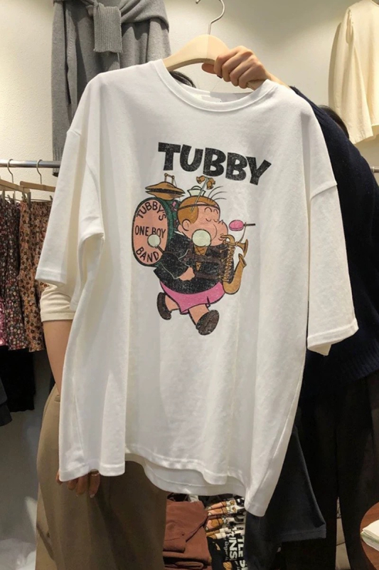 Ženski pamukasti T‑shirt s printom crtića, slobodan kroj, kratki rukavi, okrugli izrez, ljeto 2025