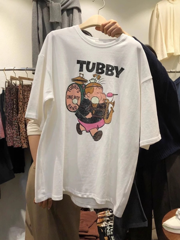 Ženski pamukasti T‑shirt s printom crtića, slobodan kroj, kratki rukavi, okrugli izrez, ljeto 2025
