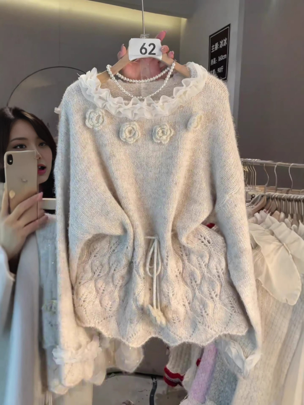 Ženski pleteni set s trodimenzionalnim ružama i patchworkom, okrugli izrez, jesen-zima, francuski stil, opušteno i svestrano