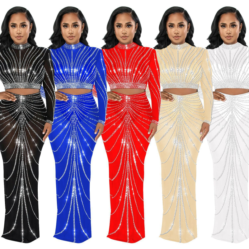 C6028 Dvije komada: mrežasti top s kristalima i duga suknja