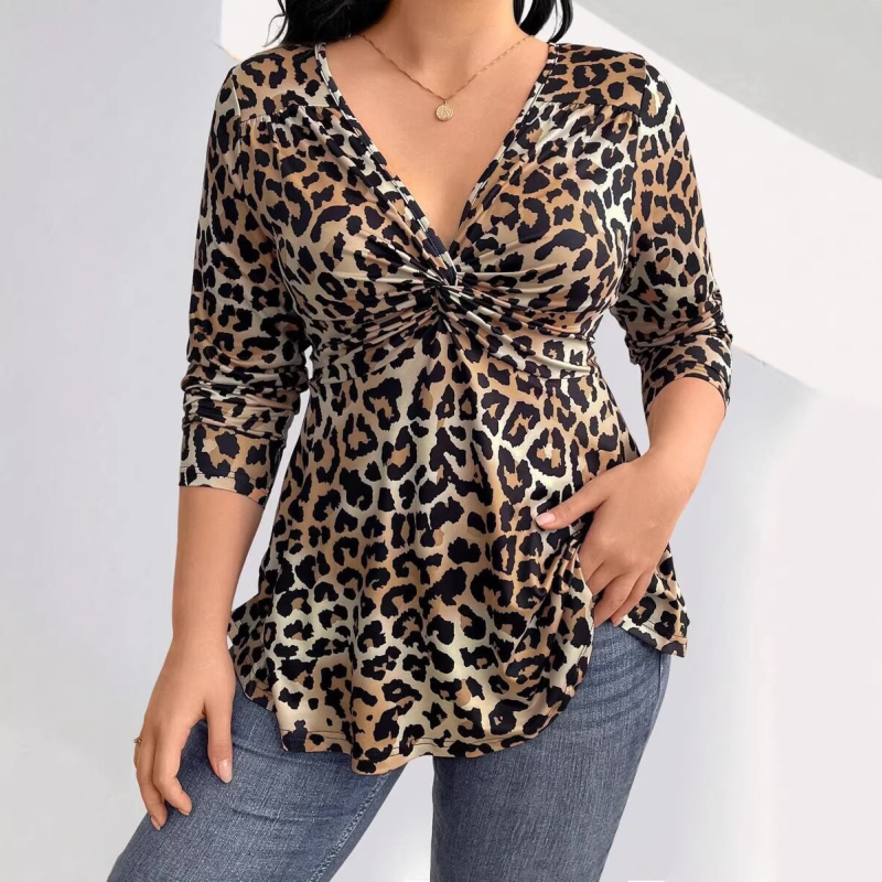 Majica s leopard uzorkom, uski kroj, V-izrez