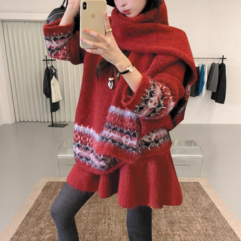 YS női háromrészes szett: sál, kardigan és rövid szoknya Fair Isle jacquard kötött, téli gyapjú-keverék