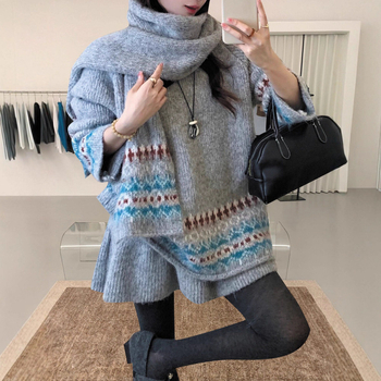 YS női háromrészes szett: sál, kardigan és rövid szoknya Fair Isle jacquard kötött, téli gyapjú-keverék