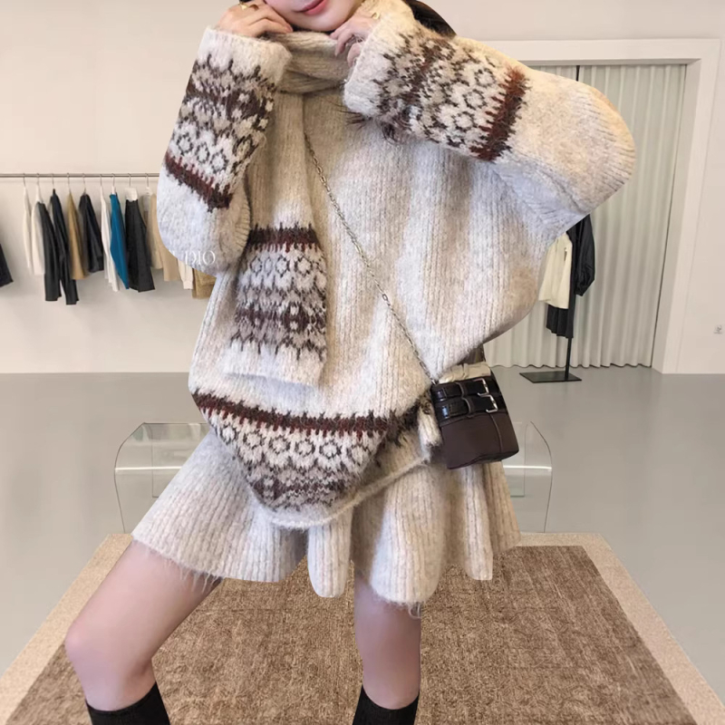 YS női háromrészes szett: sál, kardigan és rövid szoknya Fair Isle jacquard kötött, téli gyapjú-keverék