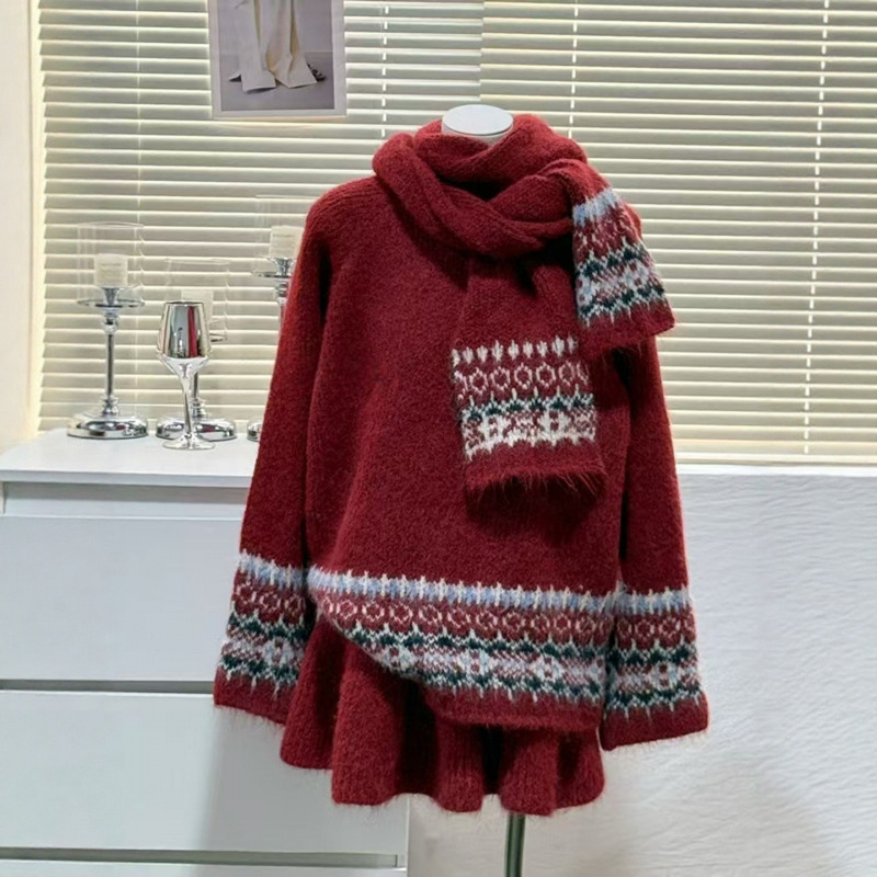 YS női háromrészes szett: sál, kardigan és rövid szoknya Fair Isle jacquard kötött, téli gyapjú-keverék